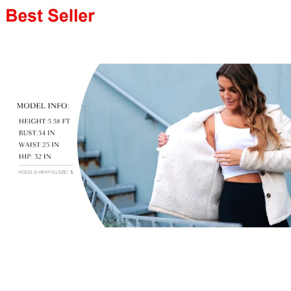 Corduroy Sherpa Jacket Button Down Fleece Collar Winter Coat Loose Fit - Picture 6 of 7